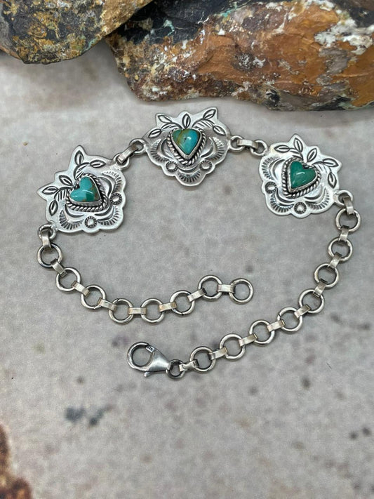 "Heart Collection" Handmade Sterling Silver Kingman Turquoise Chain Bracelet "Signed Nizhoni"