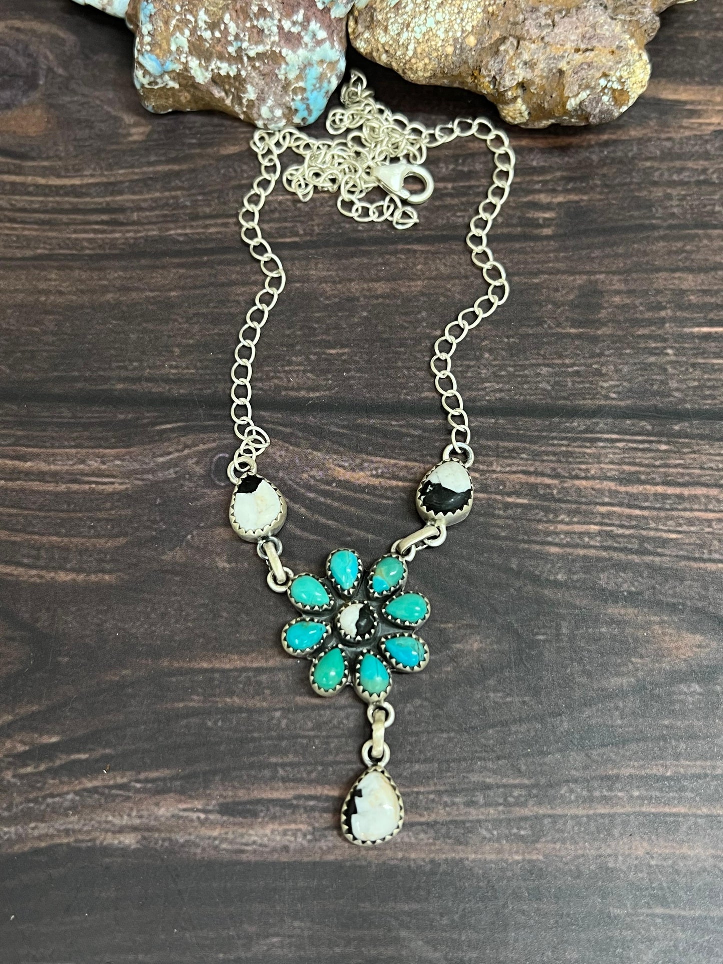 Handmade Sterling Silver Kingman with White Buffalo Necklace with Signed Nizhoni (9)