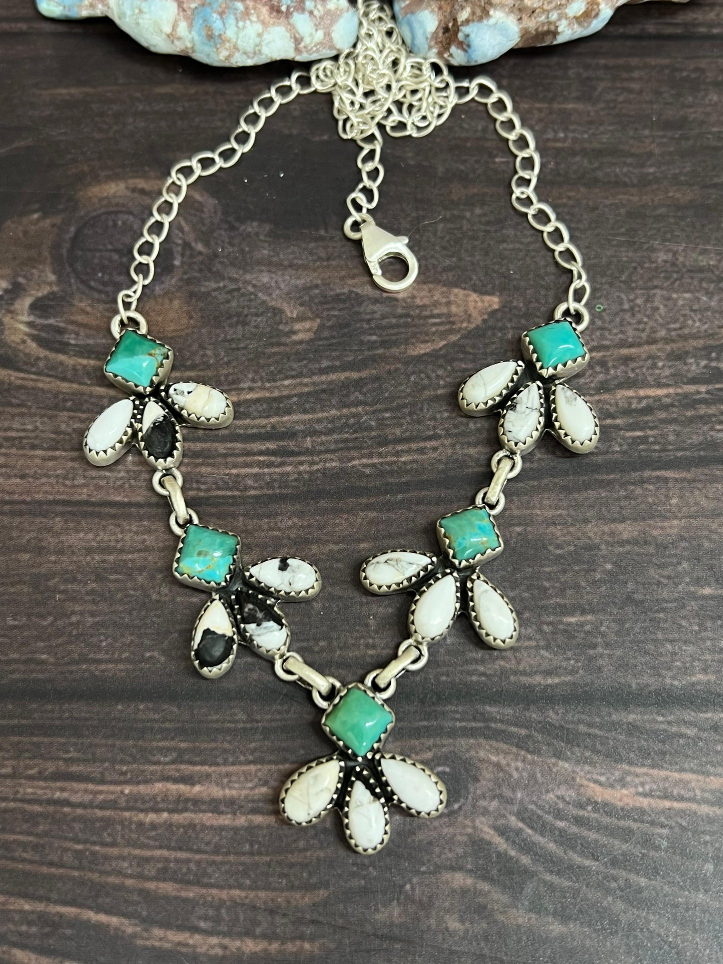 Handmade Sterling Silver Kingman with White Buffalo Necklace with Signed Nizhoni