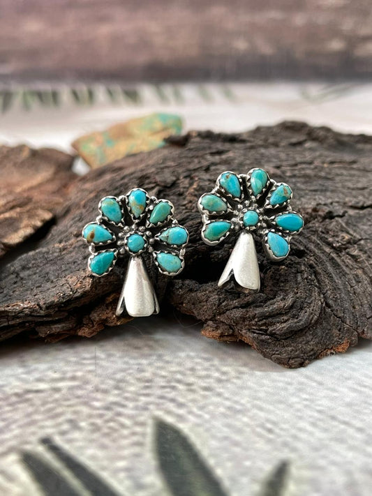 Handmade Sterling Silver Kingman Turquoise Blossom Studs Earrings "Signed Nizhoni"