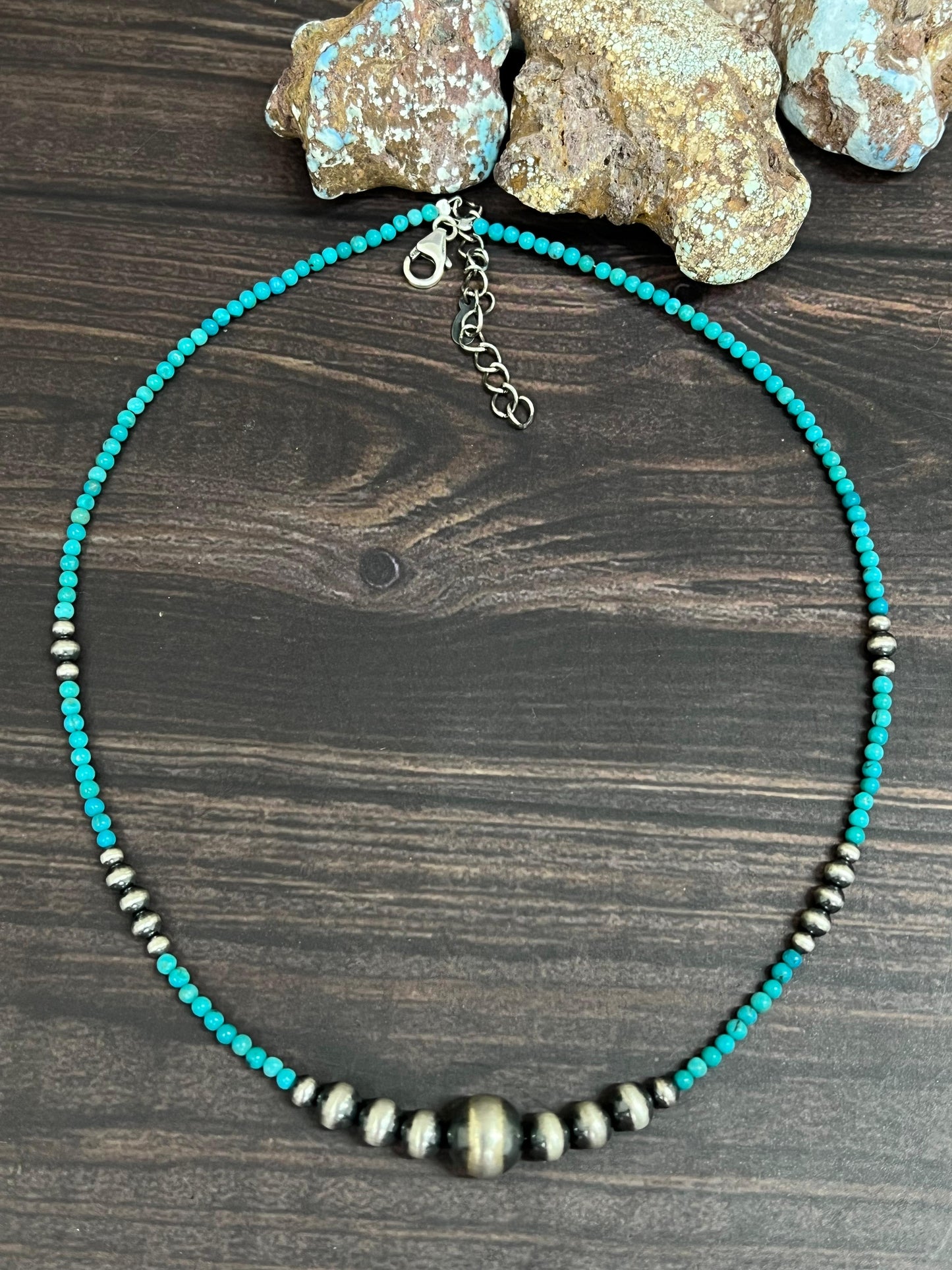 Handmade Sterling Silver Kingman Turquoise Beaded Necklace with Signed Nizhoni