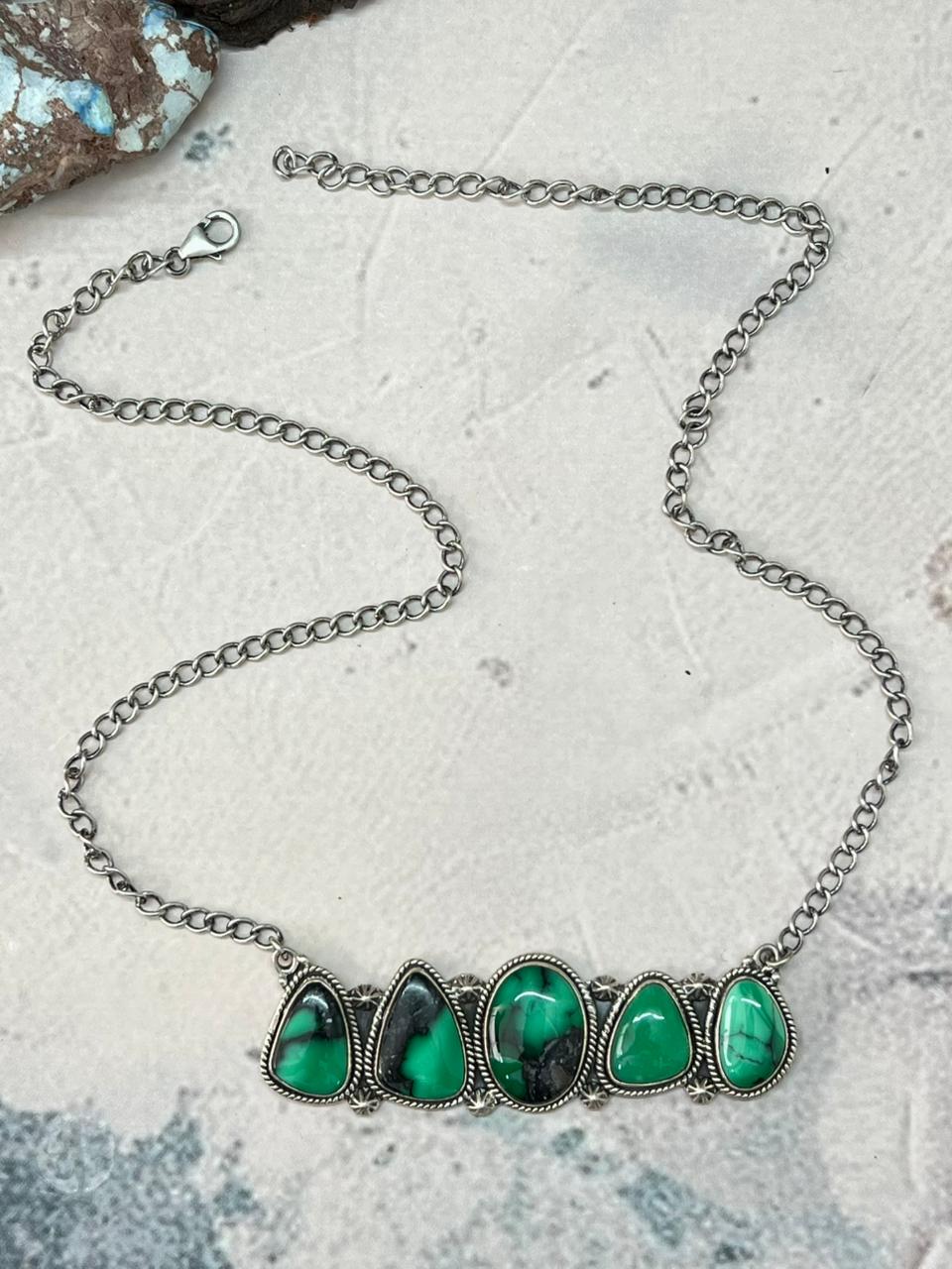 Handmade Sterling Silver Emerald Rose Necklace "Signed Nizhoni"