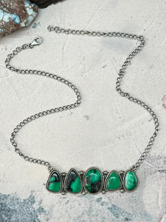 Handmade Sterling Silver Emerald Rose Necklace "Signed Nizhoni"