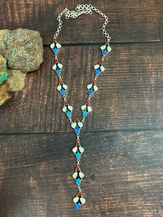 ** 4TH OF JULY ** Handmade Sterling Silver Synthetic Opal Necklace with Signed Nizhoni