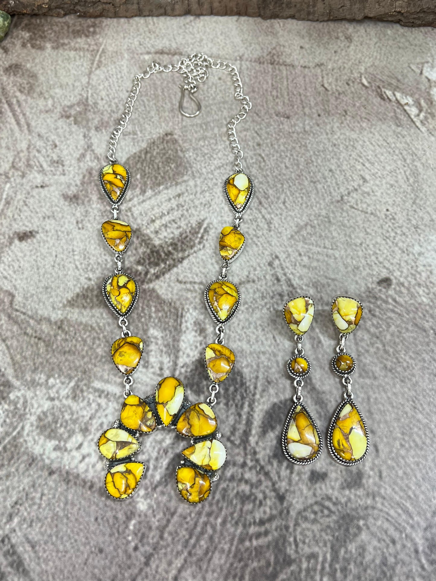 Handmade Sterling Silver Honey Dahlia Squash Blossom Necklace Earrings Set, Signed Nizhoni