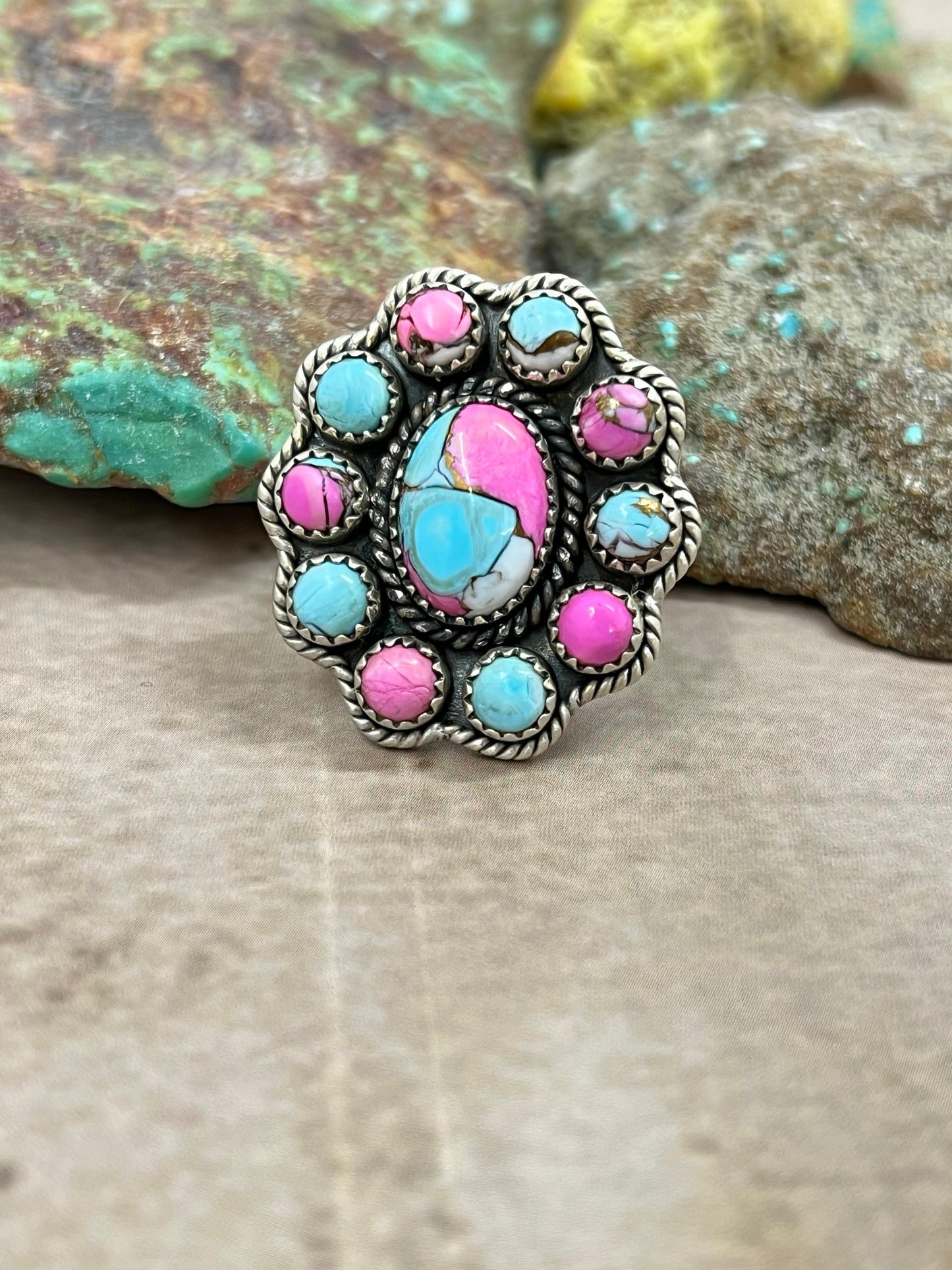 Handmade Sterling Silver Cotton Candy Turquoise Adjustable Ring with Signed Nizhoni