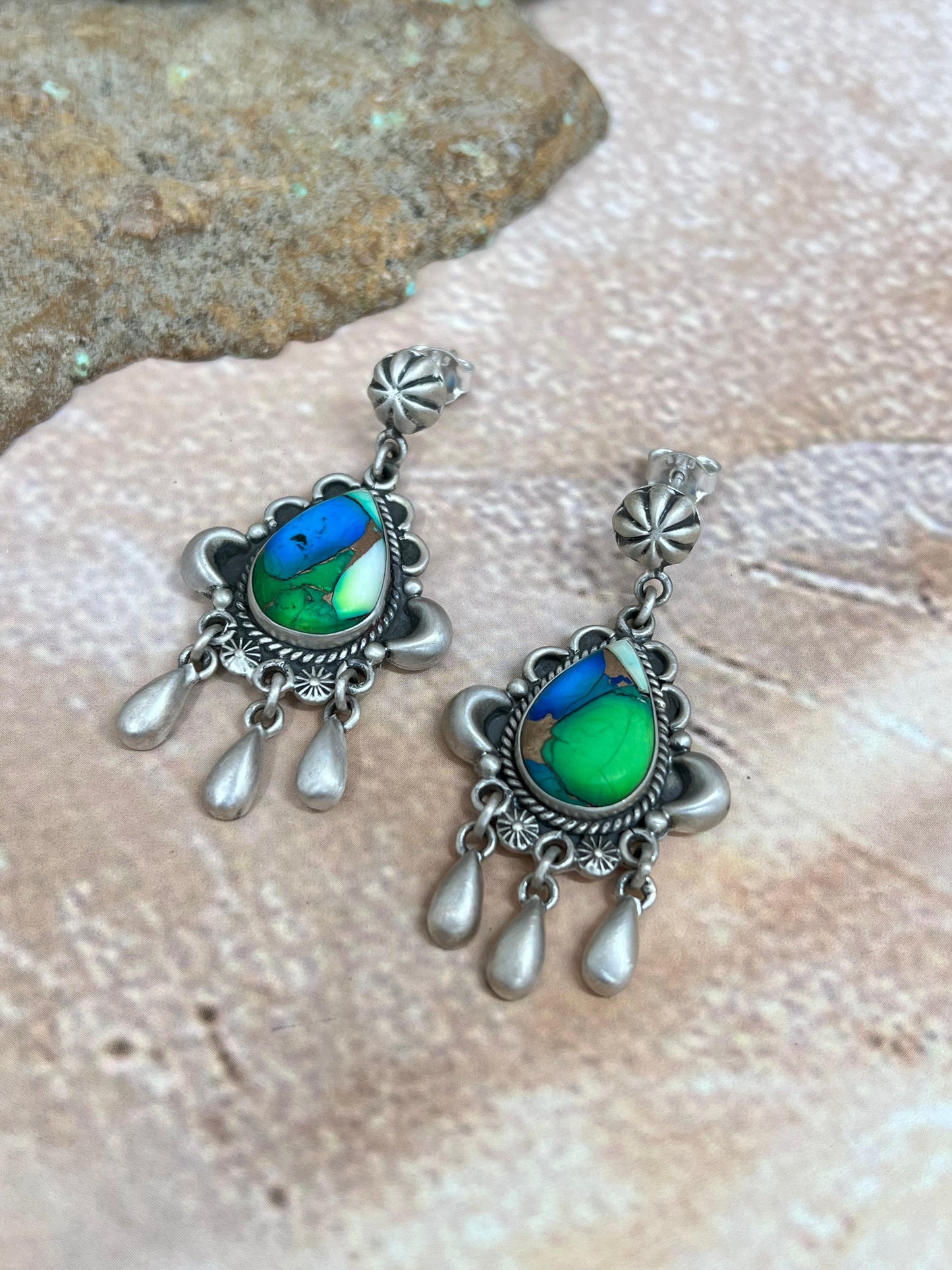 Handmade Sterling Silver Peacock Dahlia Post Earrings with Signed Nizhoni
