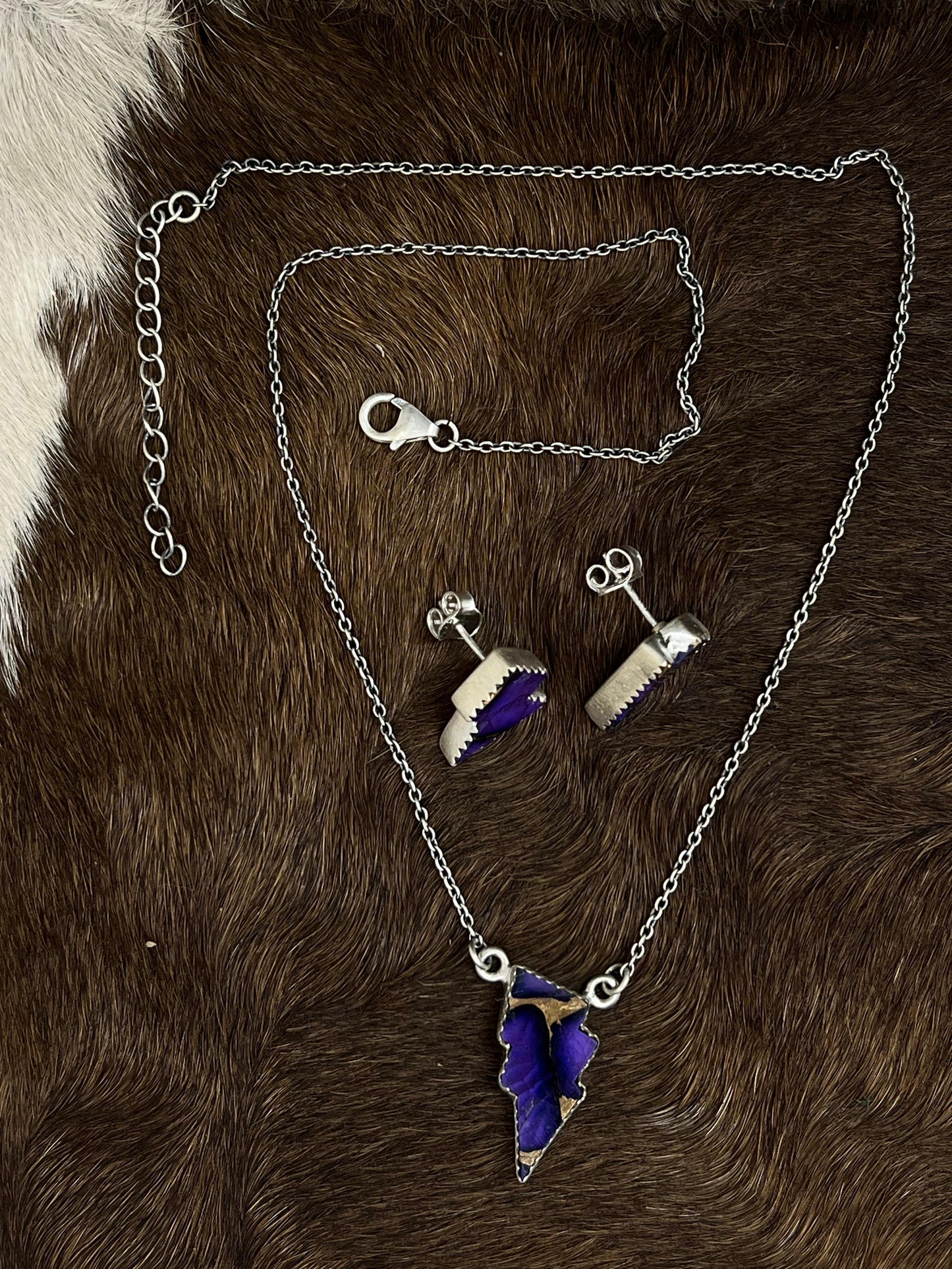 Handmade Sterling Silver Grape Dahlia Lightening Bolt Necklace Earrings Set, Signed Nizhoni