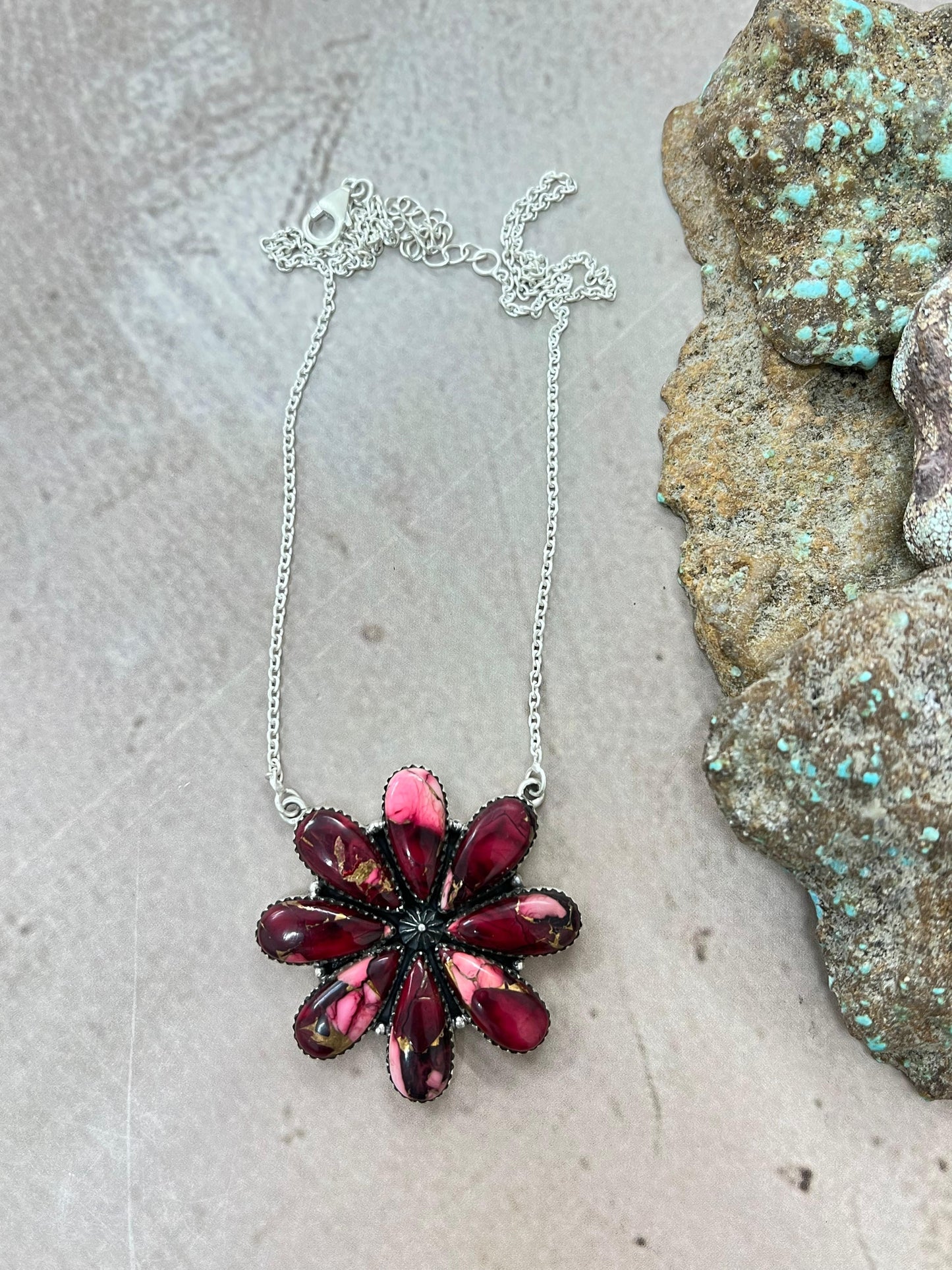 Handmade Sterling Silver Dahlia Rose Flower Necklace with Signed Nizhoni