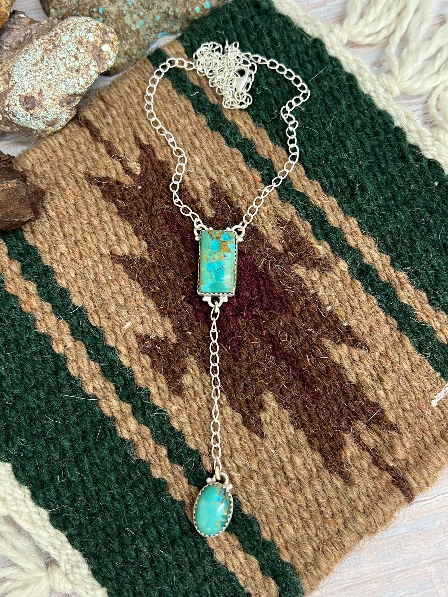 Handmade Sterling Silver Kingman Turquoise Lariat Necklace Signed Nizhoni