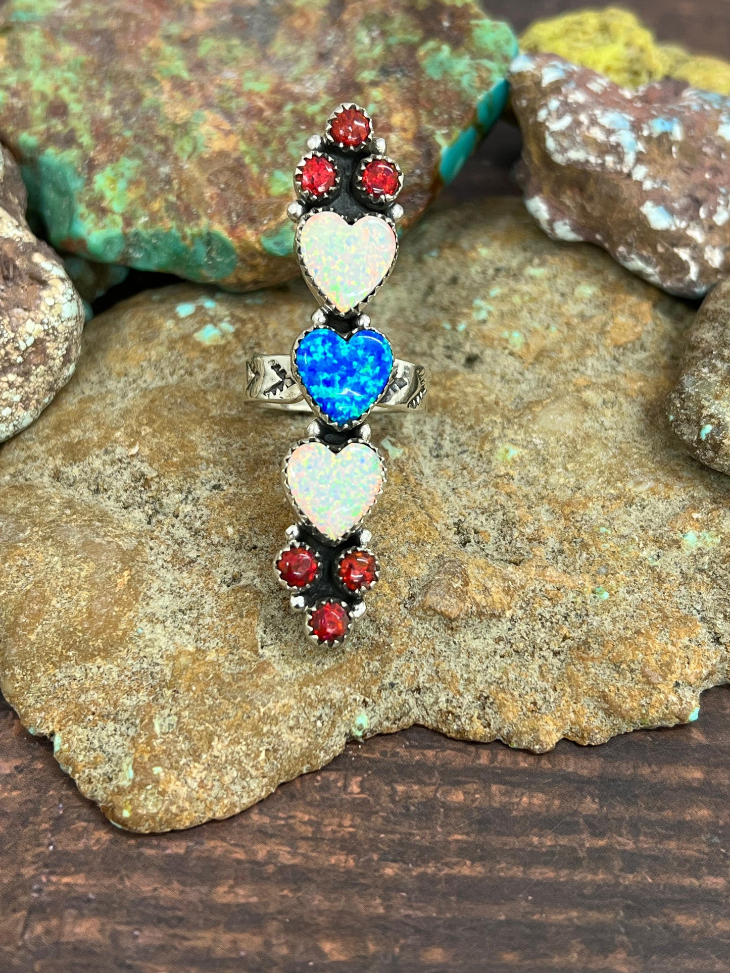 ** 4TH OF JULY ** Handmade Sterling Silver Synthetic Opal Adjustable Heart Ring with Signed Nizhoni
