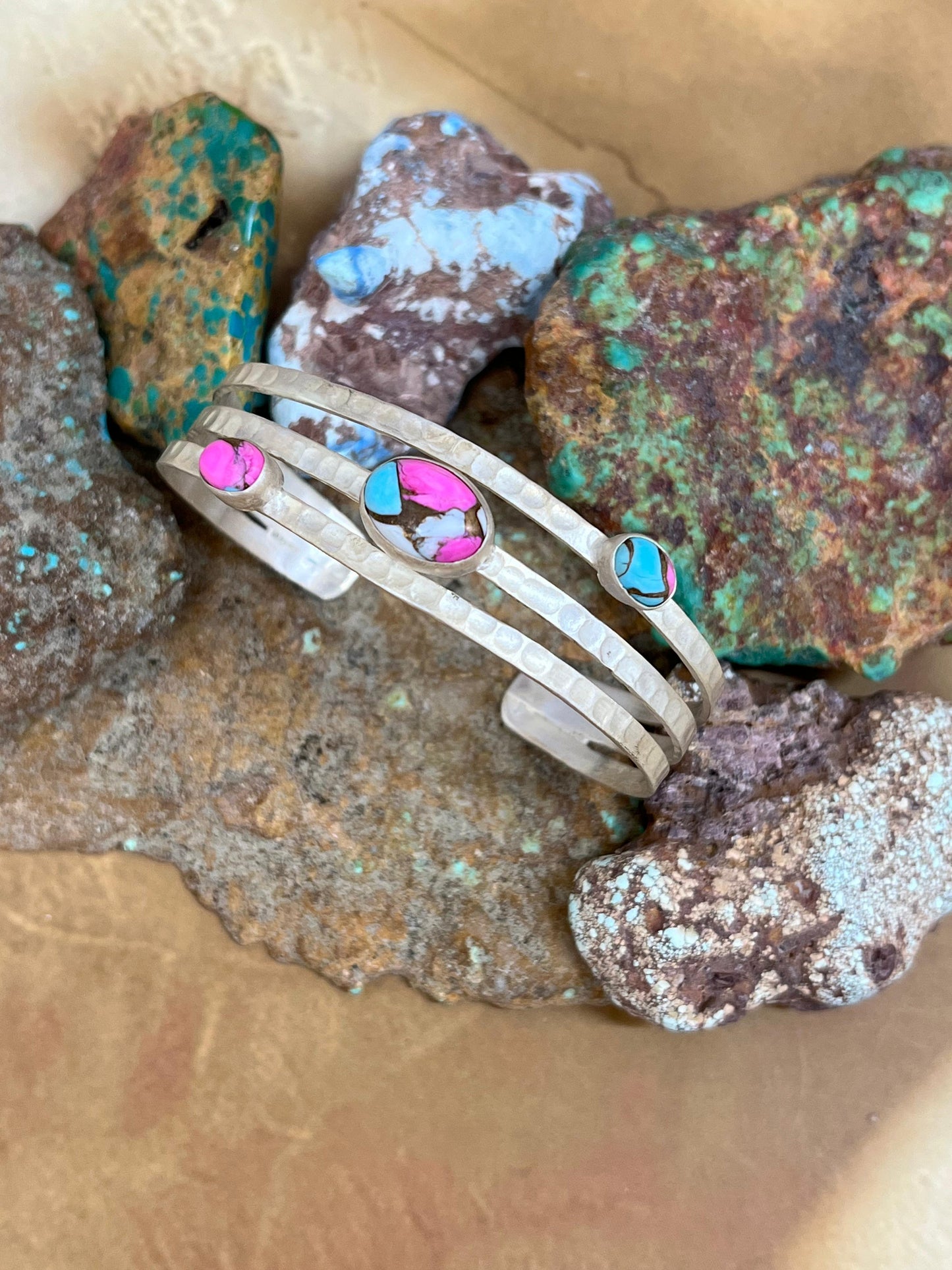 Handmade Sterling Silver Cotton Candy Turquoise Bracelet with Signed Nizhoni