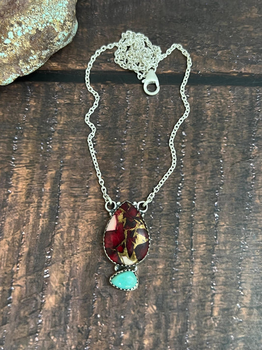 Handmade Sterling Silver Dahlia Rose, Kingman Turquoise Necklace with Signed Nizhoni