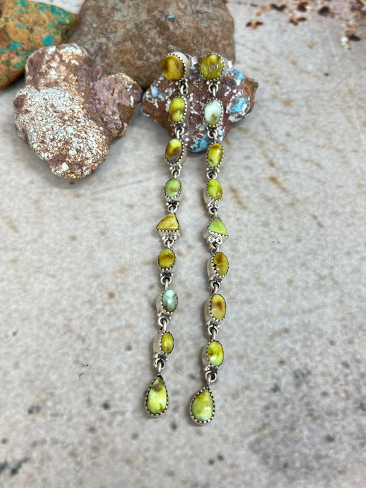 Handmade Sterling Silver Palomino Turquoise Post Dangle Earrings with Signed Nizhoni
