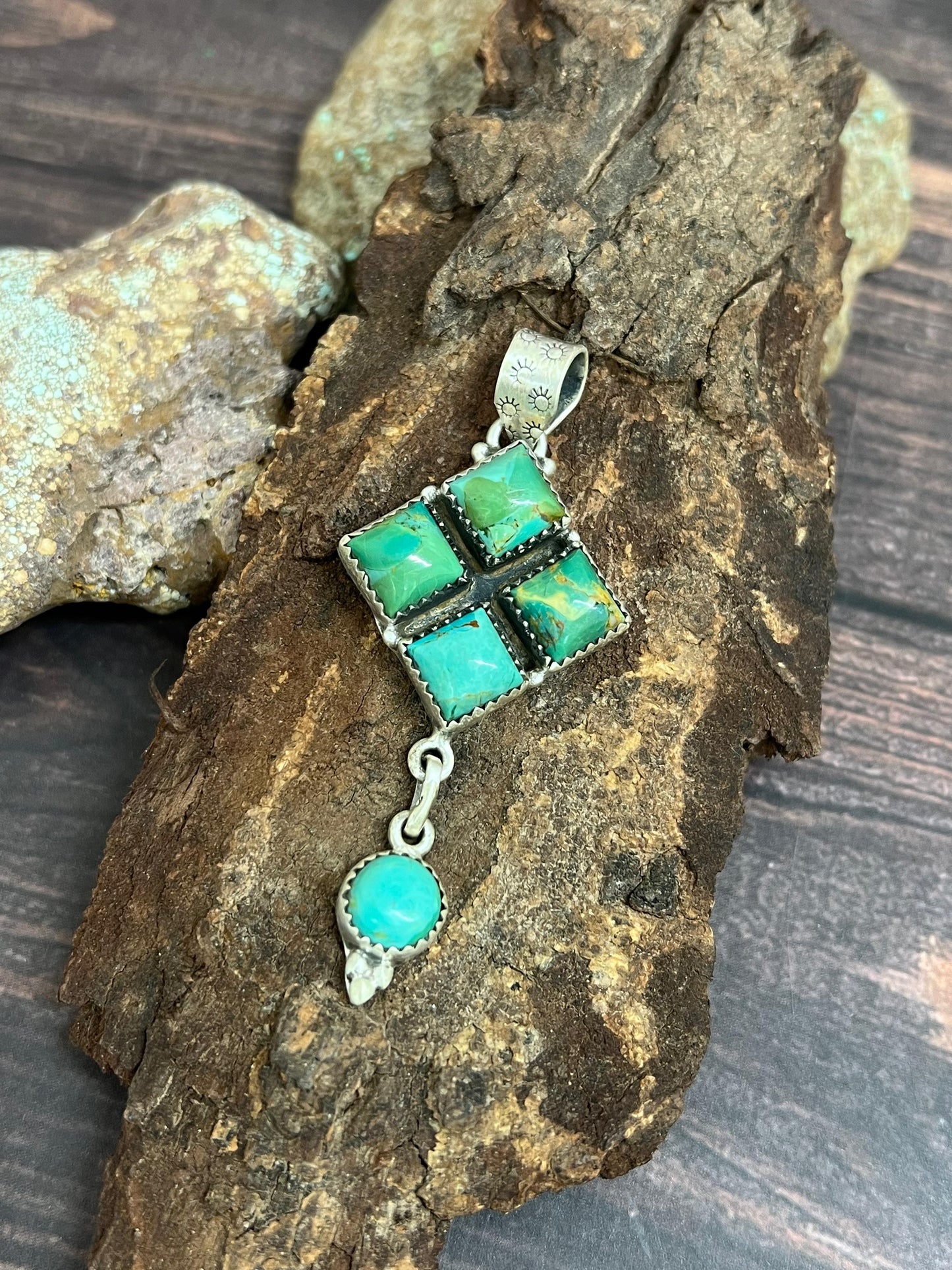 Handmade Sterling Silver Kingman Turquoise Pendant with Signed Nizhoni