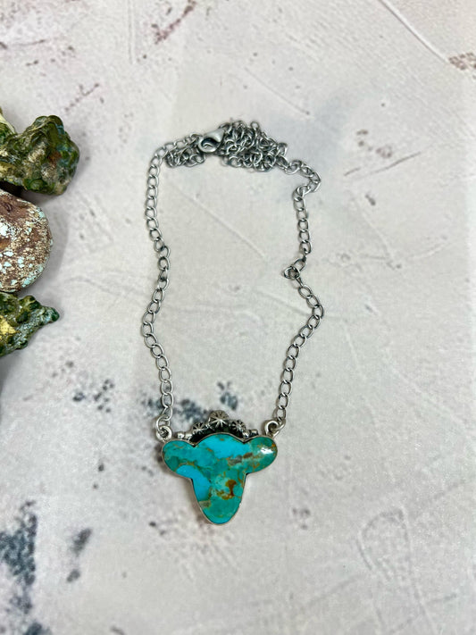 Handmade Sterling Silver Kingman Turquoise Cowhead Necklace with Signed Nizhoni