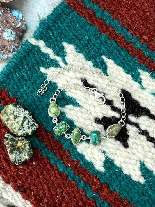 Handmade Sterling Silver Emerald Valley Turquoise Chain Bracelet with Signed Nizhoni
