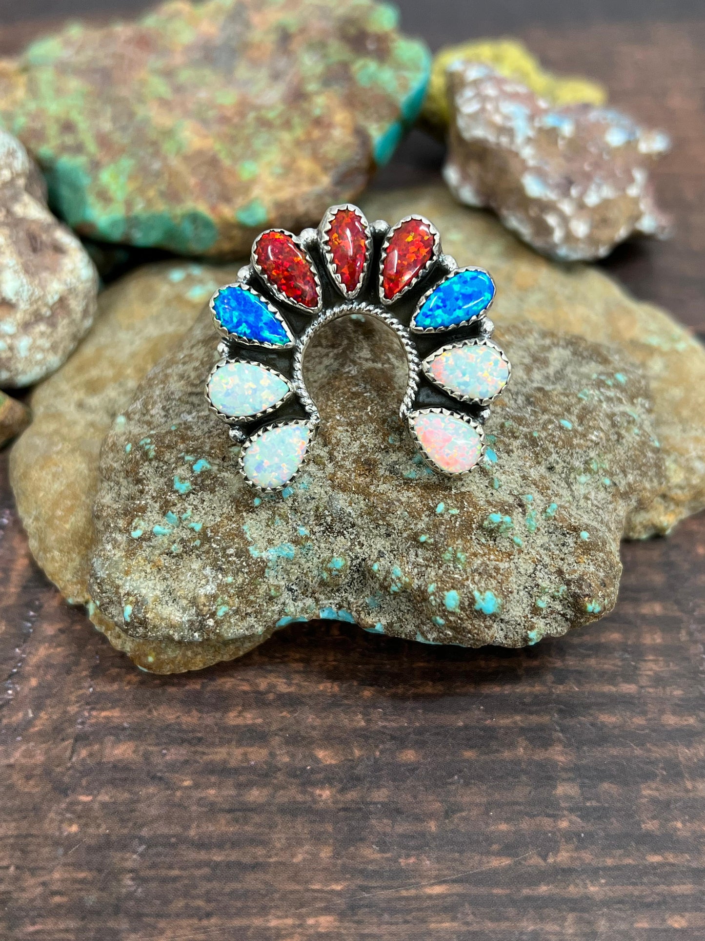 ** 4TH OF JULY ** Handmade Sterling Silver Synthetic Opal Adjustable Ring with Signed Nizhoni