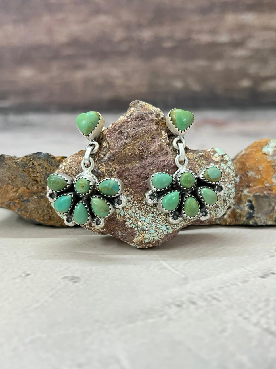 Handmade Sterling Silver Kingman Turquoise Post Dangle Earrings "Signed Nizhoni"