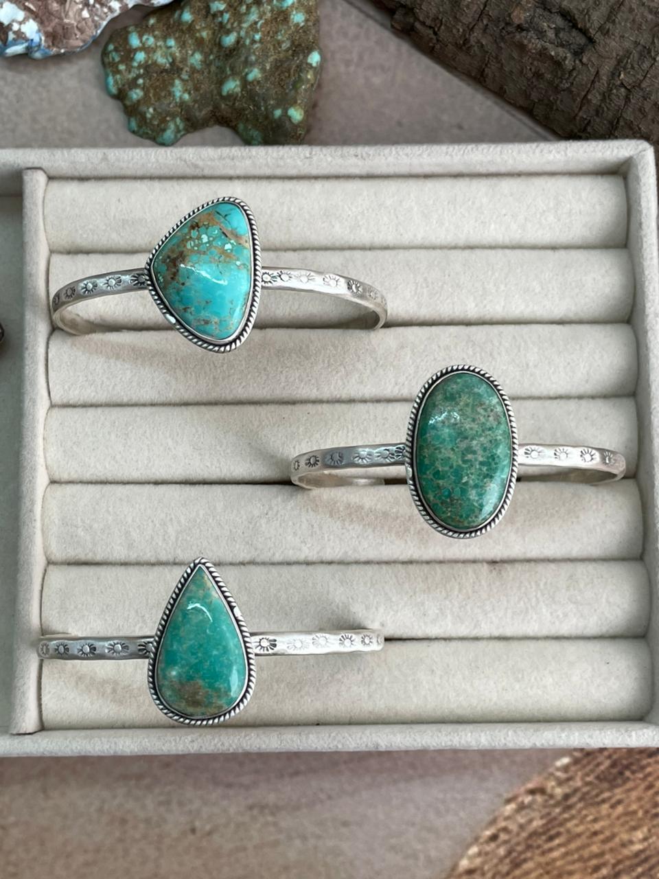 Handmade Sterling Silver Mantis Turquoise Cuff Bracelet with Signed Nizhoni