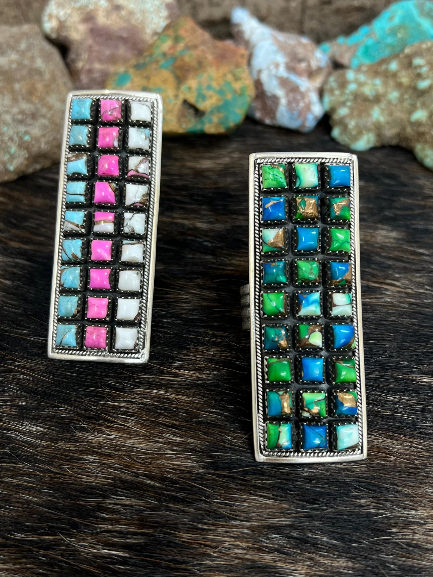 Handmade Sterling Silver Cotton Candy Turquoise, Peacock Dahlia Adjustable Rings with Signed Nizhoni