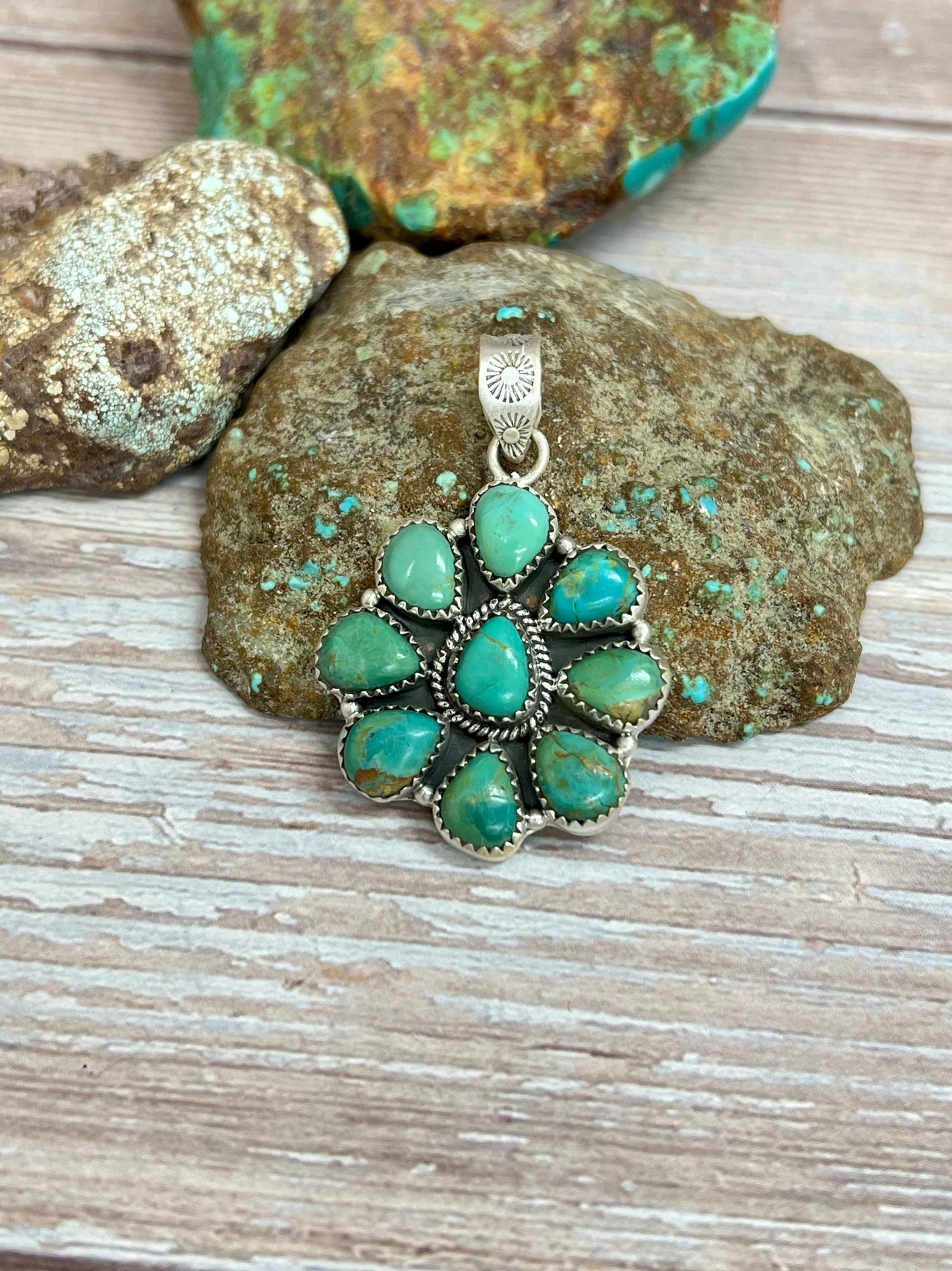 Handmade Sterling Silver Kingman Turquoise Pendant with Signed Nizhoni