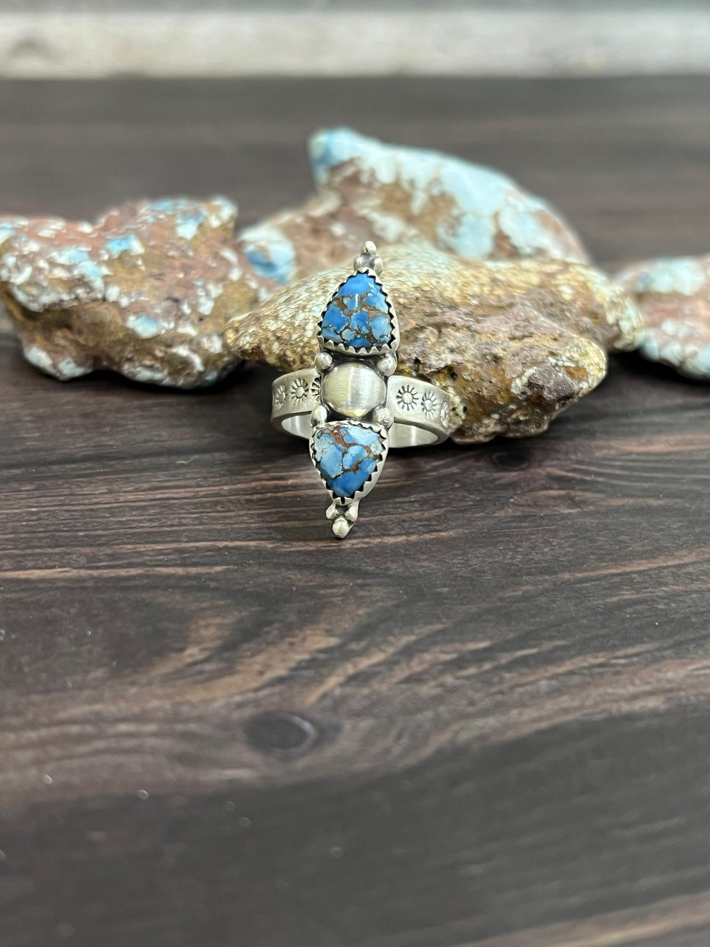 Handmade Sterling Silver with Golden Hills Turquoise Adjustable Ring With Signed Nizhoni