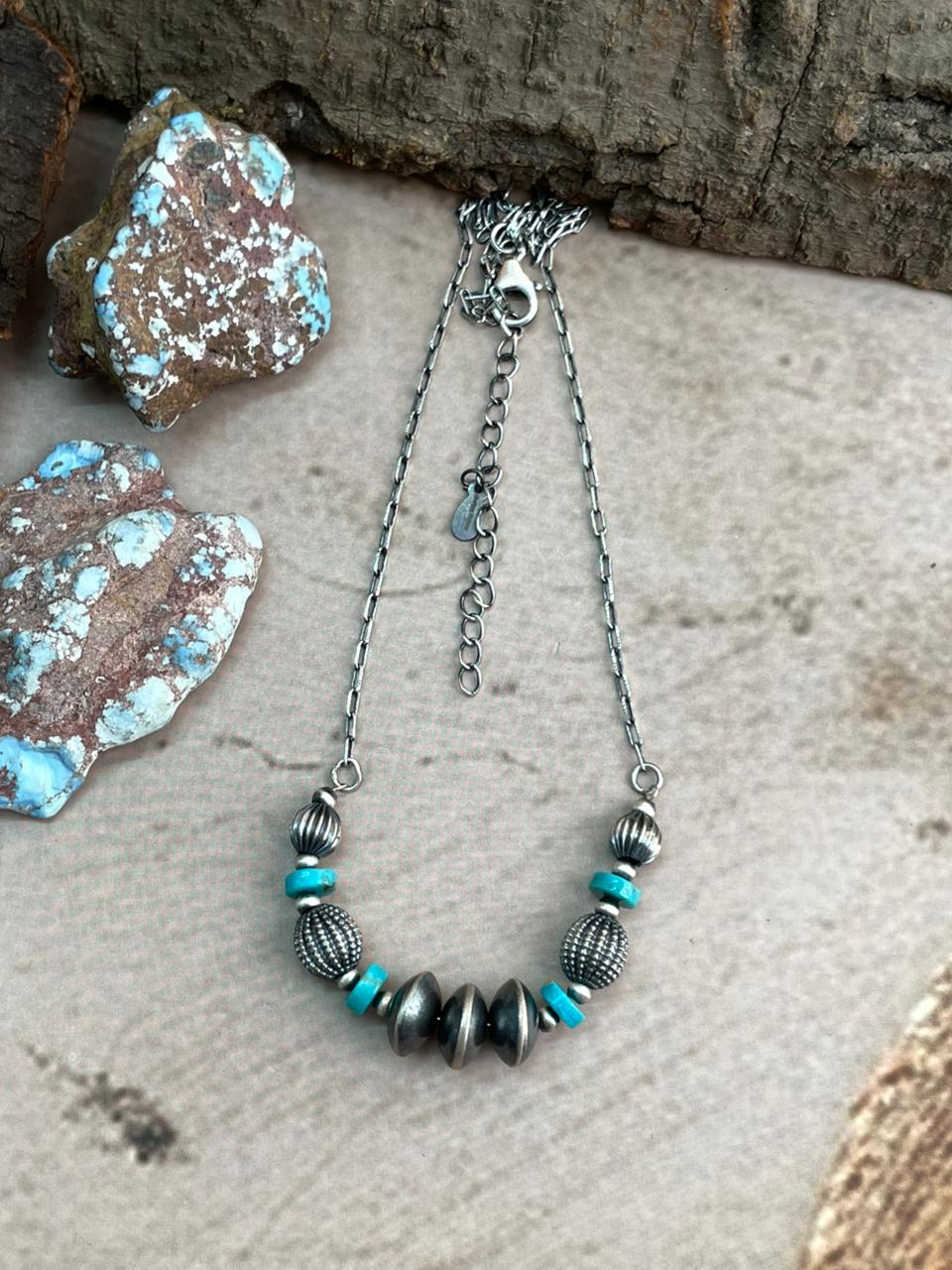 Handmade Sterling Silver Kingman Turquoise Beaded Necklace Signed Nizhoni