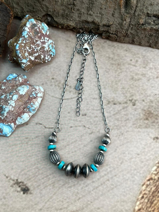 Handmade Sterling Silver Kingman Turquoise Beaded Necklace Signed Nizhoni