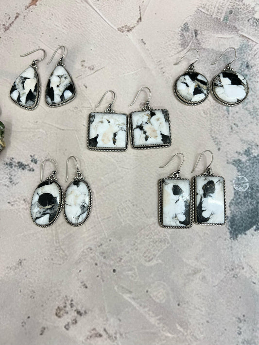 Handmade Sterling Silver White Buffalo Turquoise Hook Earrings with Signed Nizhoni