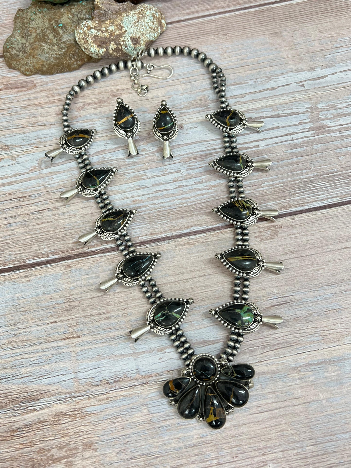 Handmade Sterling Silver Blackjack Turquoise Beaded Necklace Earrings Set with Signed Nizhoni