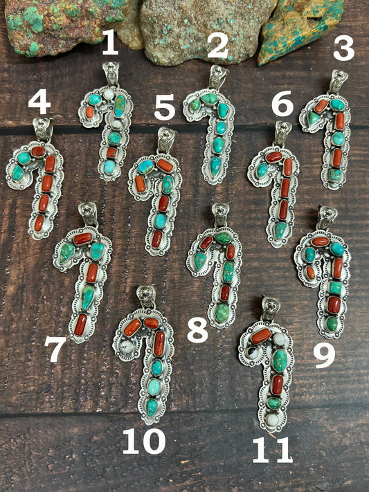 Handmade Sterling Silver Multi Stones Candy Cane Pendant, Signed Nizhoni