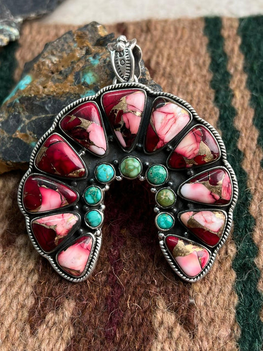 Handmade Sterling Silver Dahlia Rose with Emerald Valley Turquoise Pendant "Signed Nizhoni"