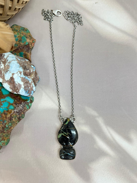 Handmade Sterling Silver Blackjack Turquoise Necklace Signed Nizhoni