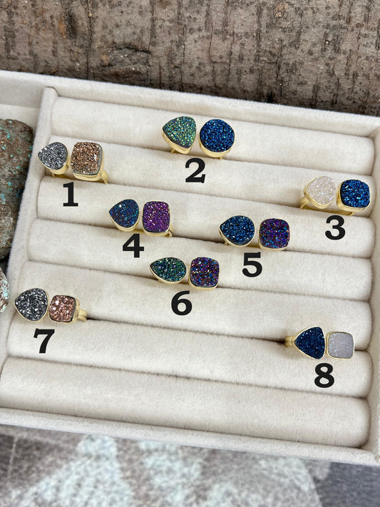 “The Boho Collection” Natural 2 Stone Druzy Adjustable Ring