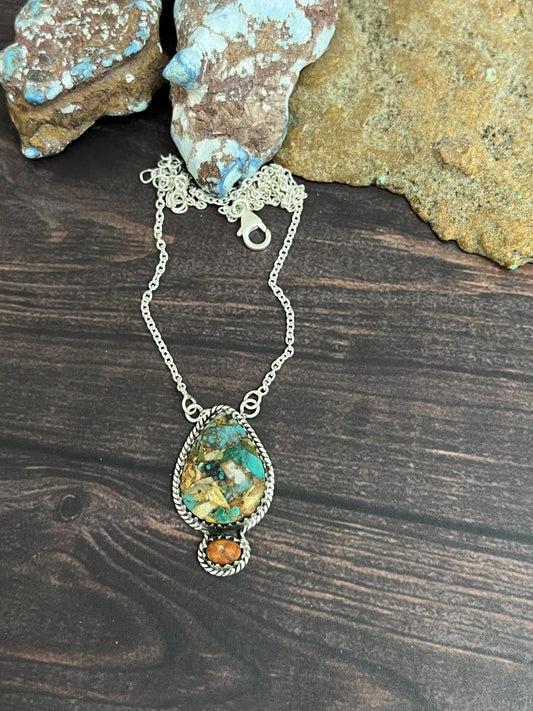 Handmade Sterling Silver Royston Turquoise with Orange Mojave Necklace, Signed Nizhoni