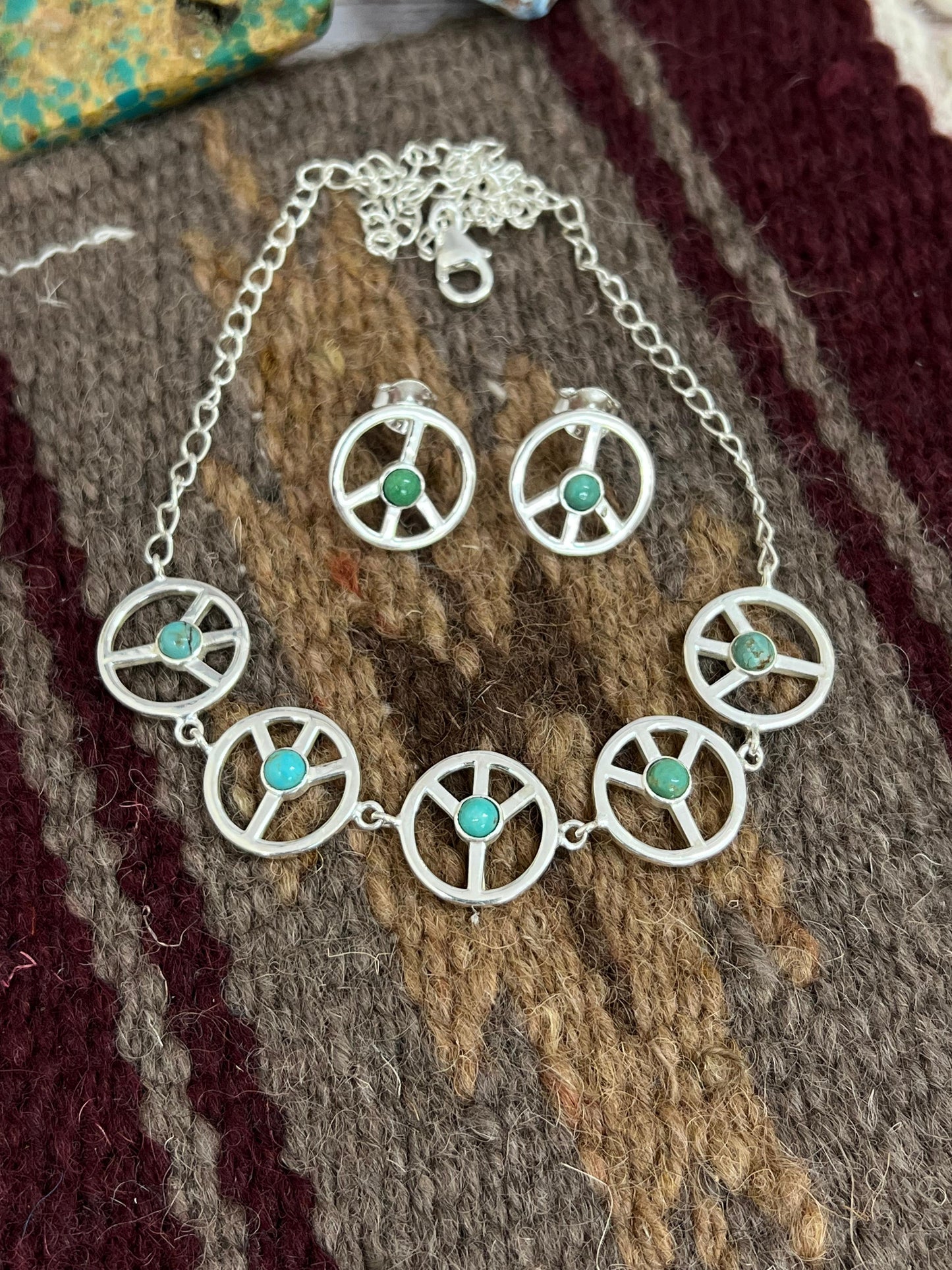 Handmade Sterling Silver Kingman Turquoise Necklace Earrings Set with Signed Nizhoni