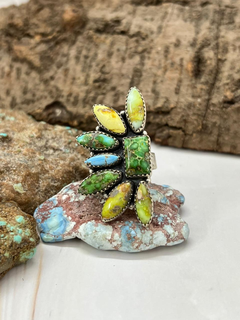 Handmade Sterling Silver Palomino with Golden Hills and Sonoran Mountain Turquoise Adjustable Ring " Signed Nizhoni"