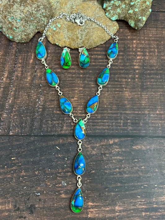 Handmade Sterling Silver Peacock Dahlia Necklace Earrings Set with Signed Nizhoni