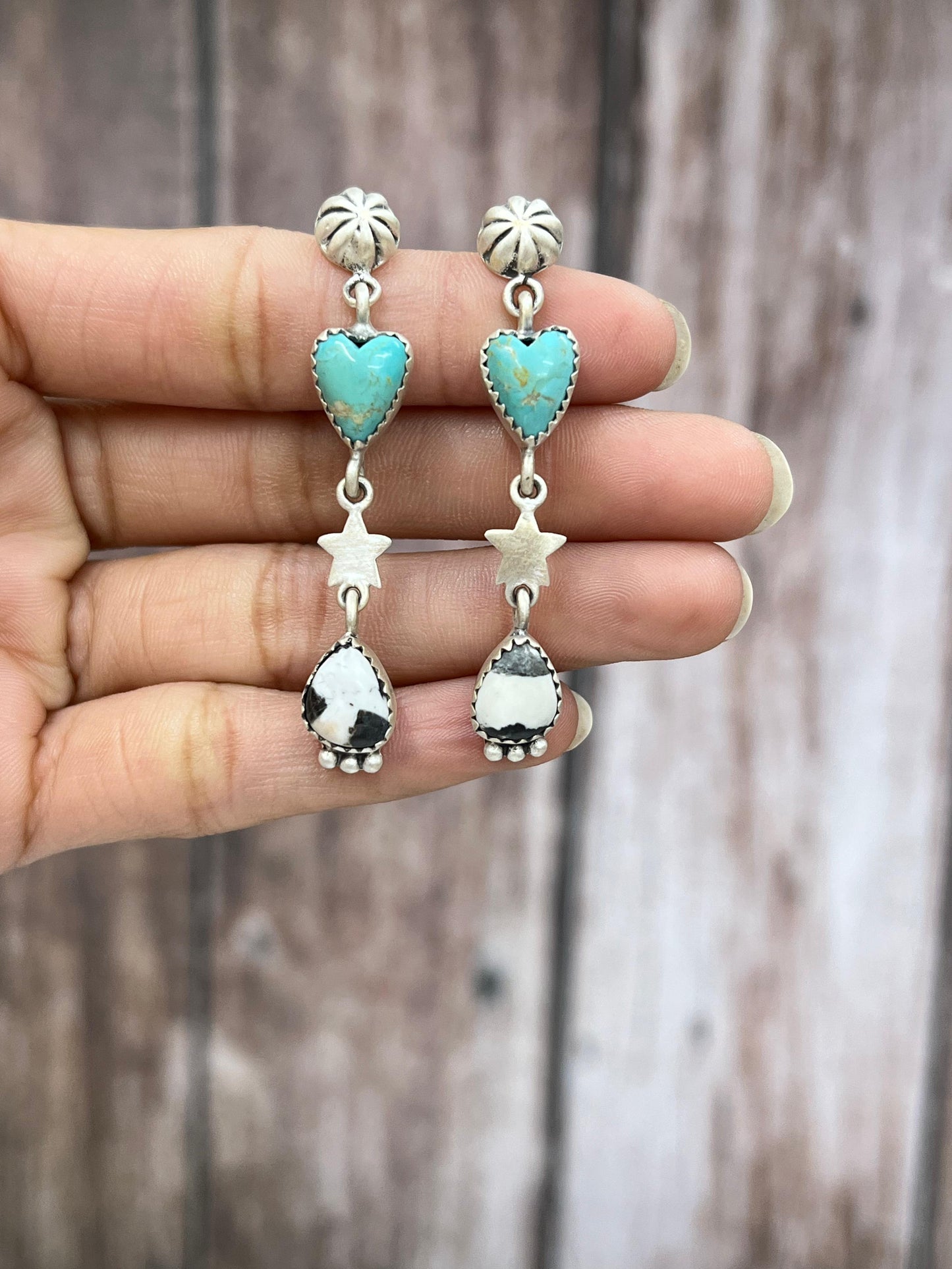 Handmade Sterling Silver White Buffalo with Kingman Turquoise Dangle Earrings with Signed Nizhoni (2)