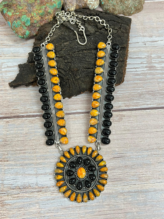Handmade Sterling Silver Black Onyx, Bumblebee Necklace Signed Nizhoni