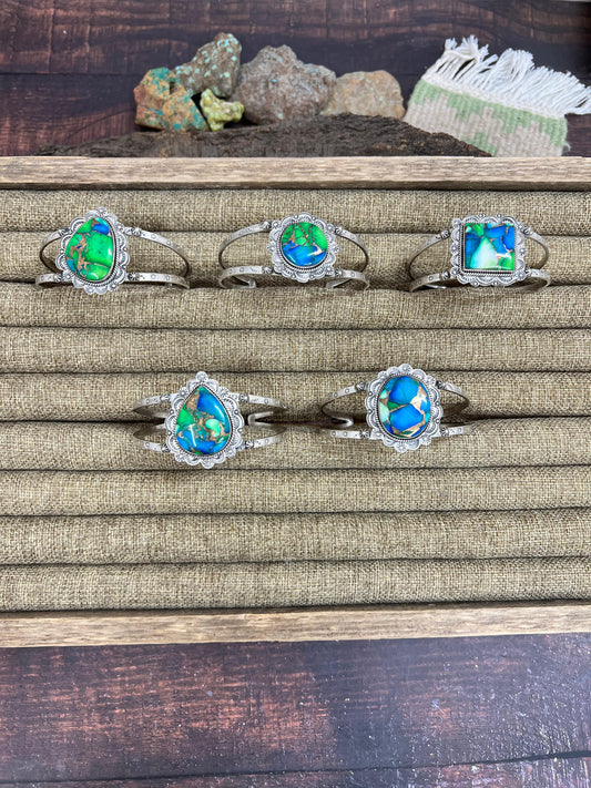 Handmade Sterling Silver Peacock Dahlia Cuff Bracelet with Signed Nizhoni