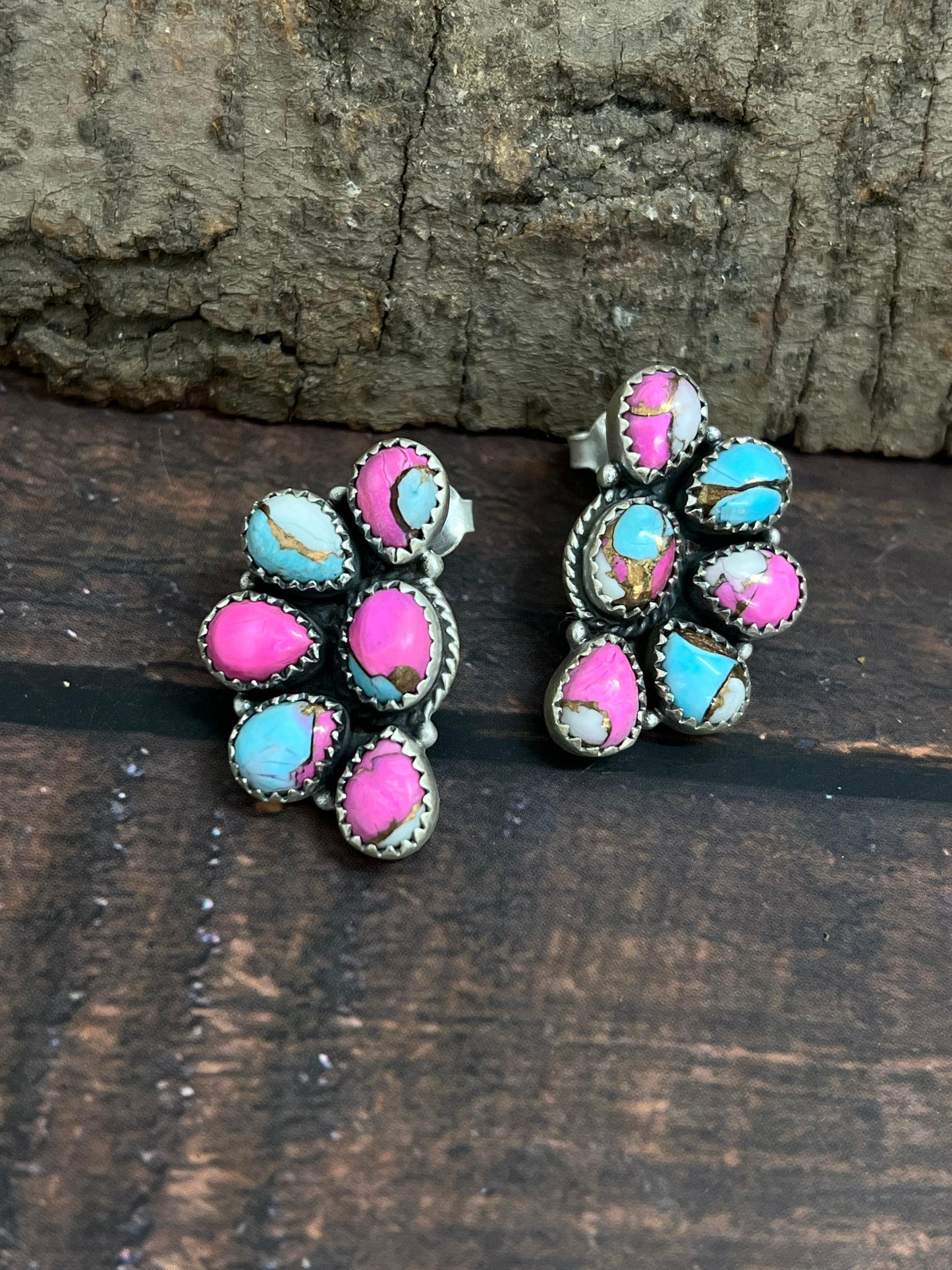 Handmade Sterling Silver Cotton Candy Turquoise Crescent Post Earrings with Signed Nizhoni