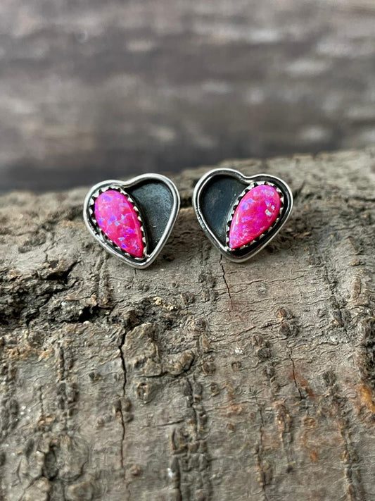"Heart Collection" Handmade Sterling Silver Hot Pink Post Studs Earrings "Signed Nizhoni"