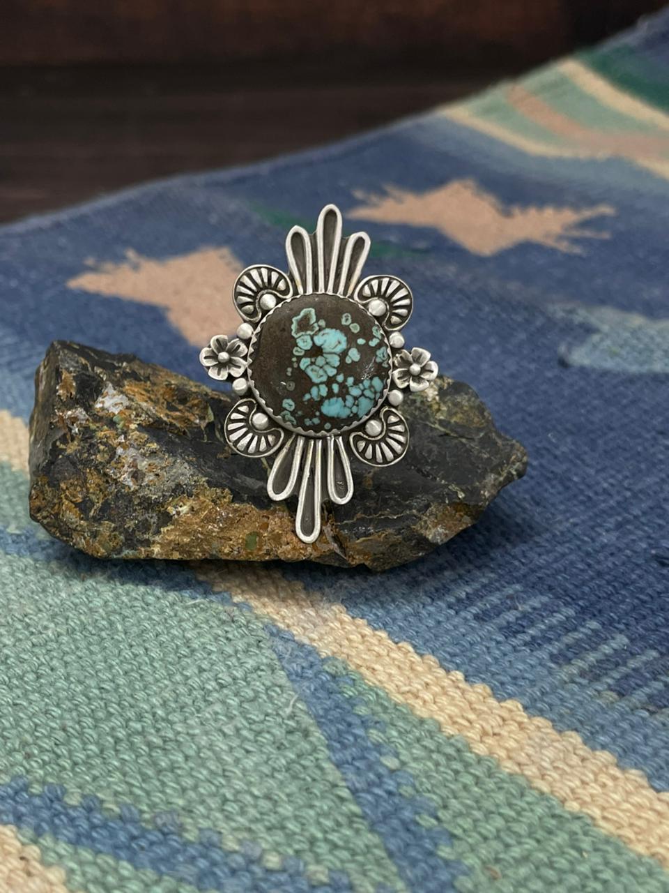 Handmade Sterling Silver Number 8 Turquoise Adjustable Ring " Signed Nizhoni"