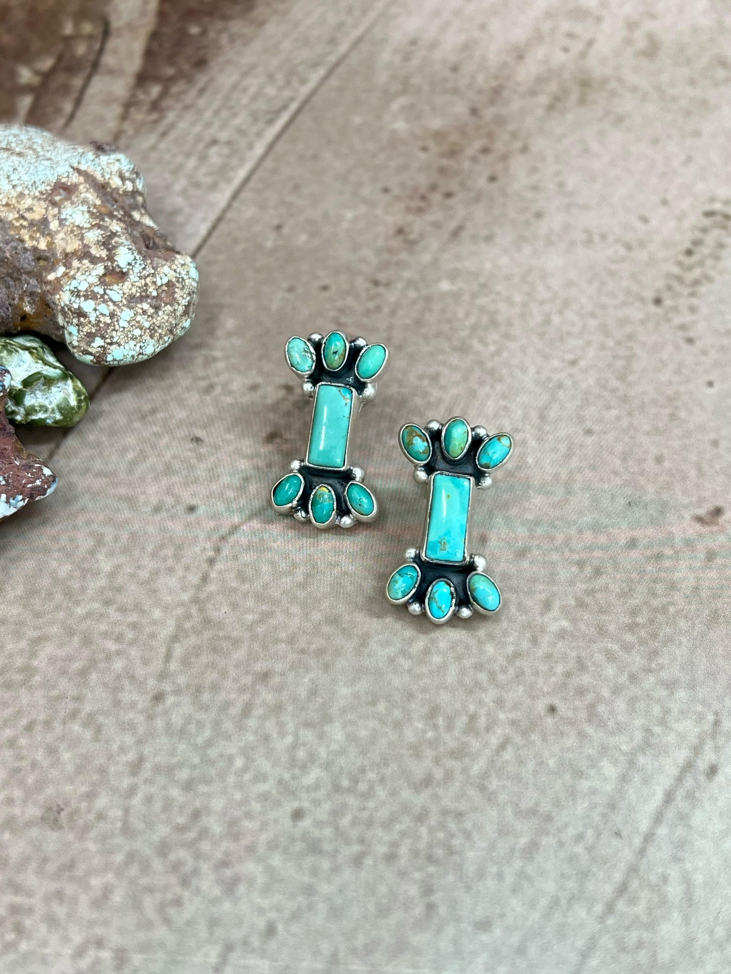Handmade Sterling Silver Kingman Turquoise Post Earrings with Signed Nizhoni (7)
