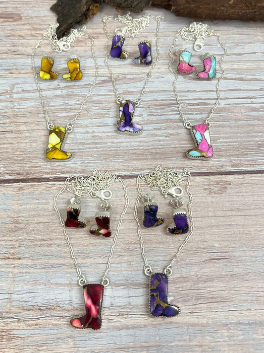 Handmade Sterling Silver Multi Stone Boot Necklace Earrings Set Signed Nizhoni