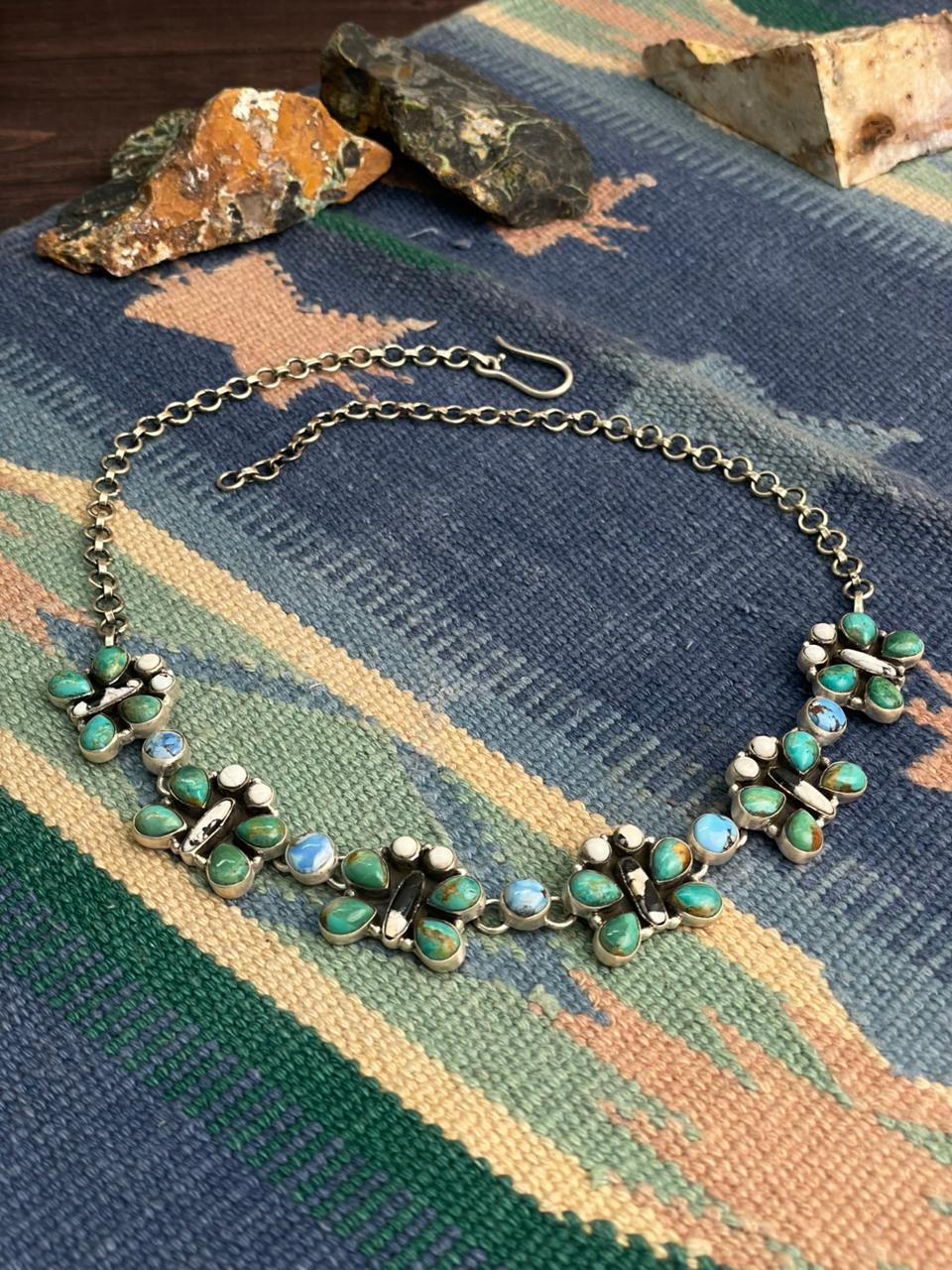 Handmade Sterling Silver White Buffalo with Kingman and Golden Hills Turquoise Necklace "Signed Nizhoni"