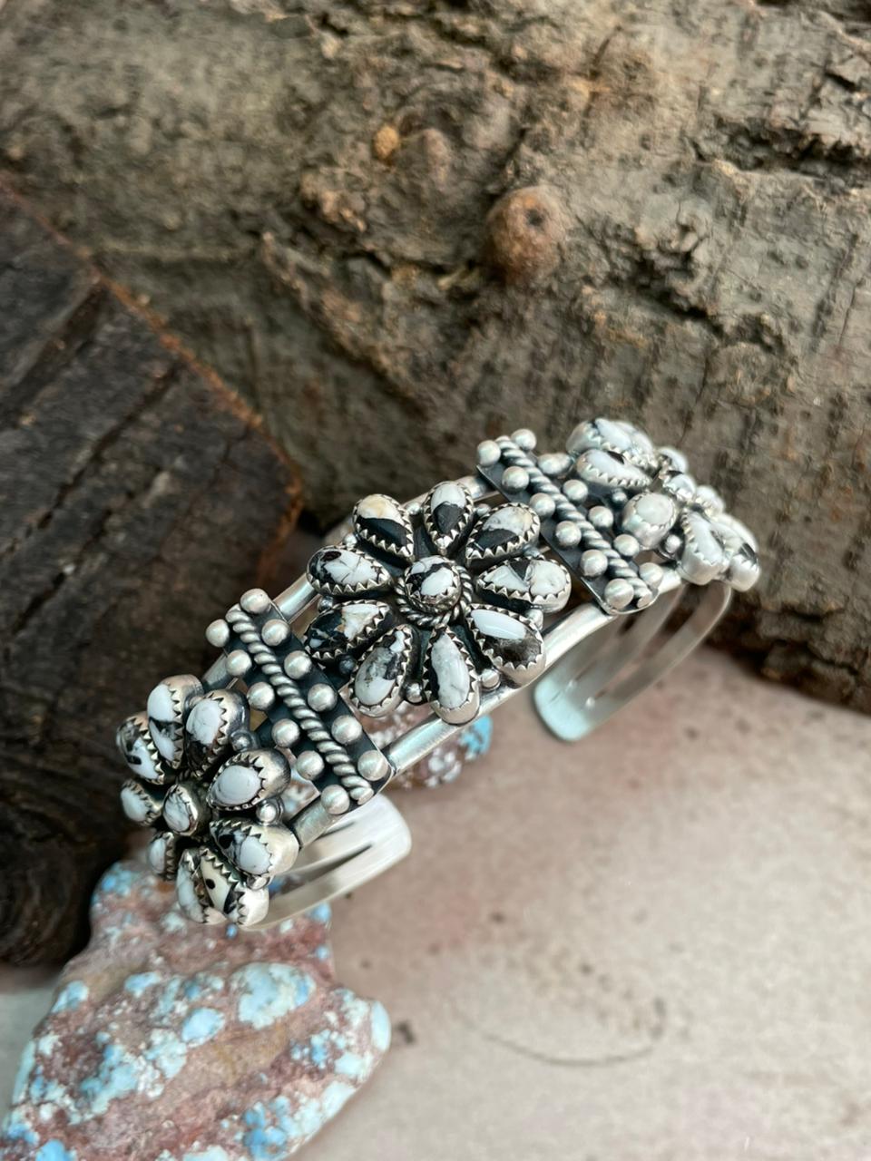 Handmade Sterling Silver White Buffalo Cuff Bracelet with Signed Nizhoni