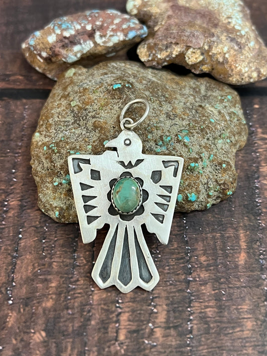 Handmade Sterling Silver Kingman Turquoise Thunder Bird Pendant with Signed Nizhoni